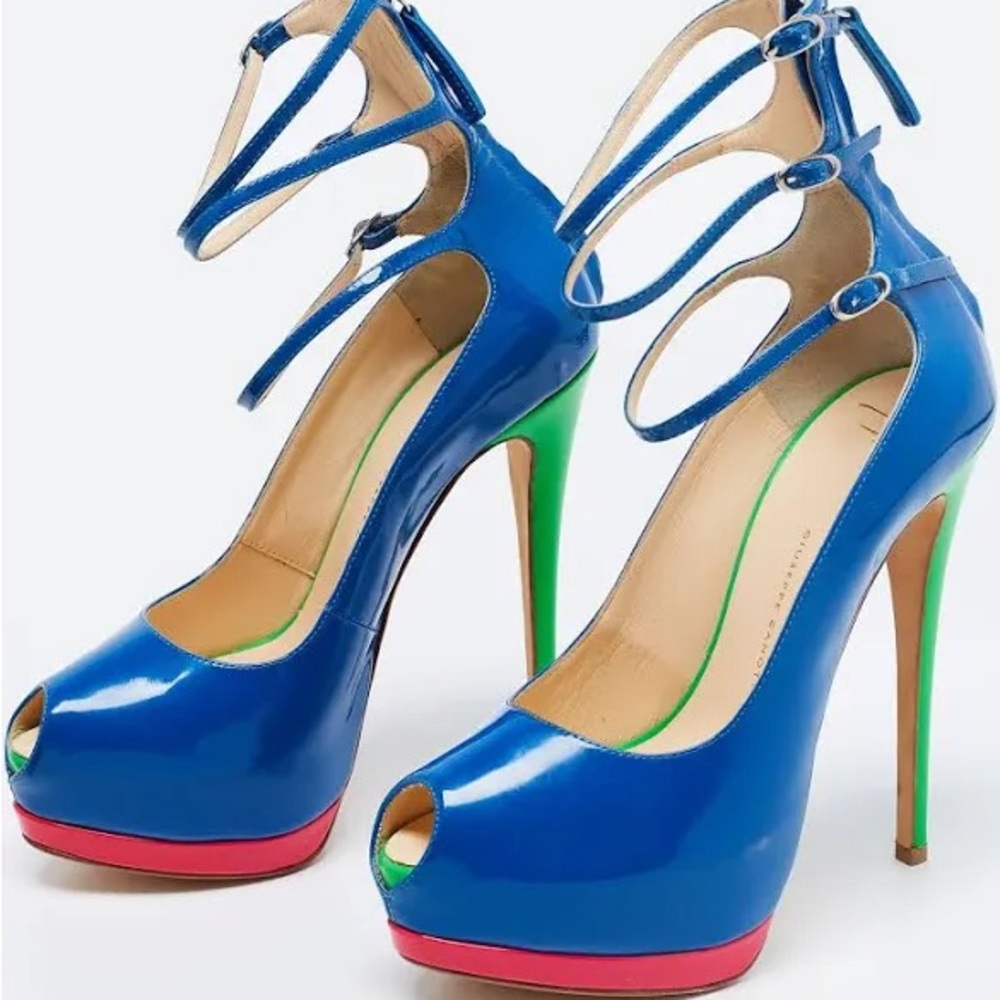 Giuseppe Zanotti multicolor partent leather tripe strap peep toe pumps
